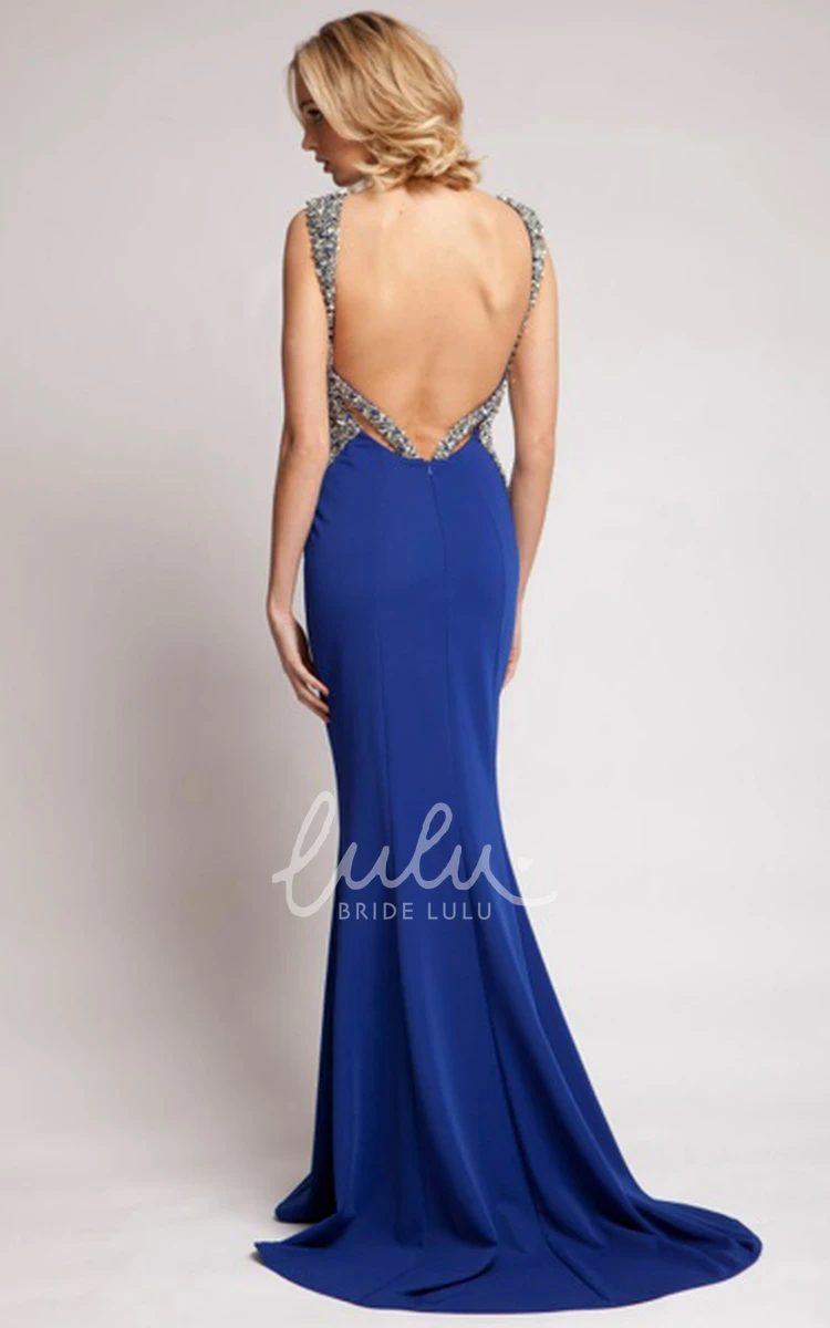 Sleeveless Beaded V-Neck Jersey Prom Dress Backless and Glamorous