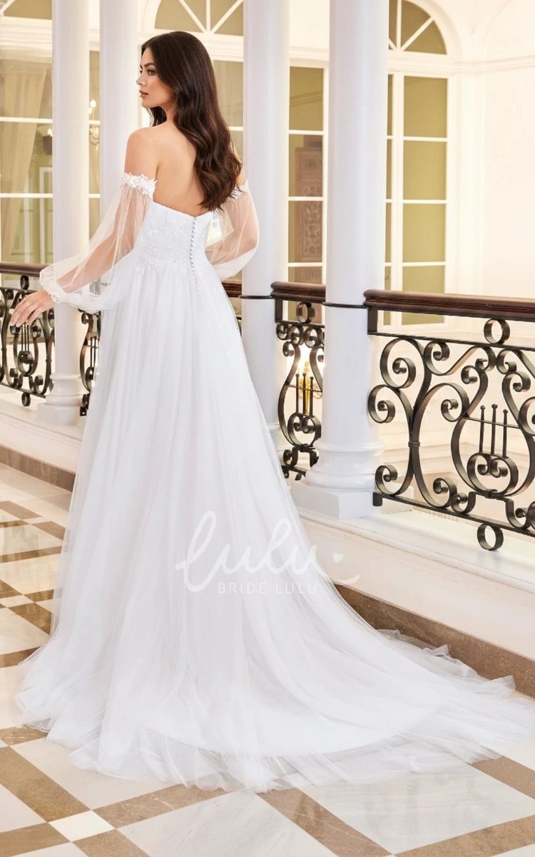 Ethereal Floral A-Line Bohemian Lace off the Shoulder Spring Wedding Dress Romantic Chic Beach Garden Notch V-Neck Puff Sleeve Button Back Floor Length Bridal Gown