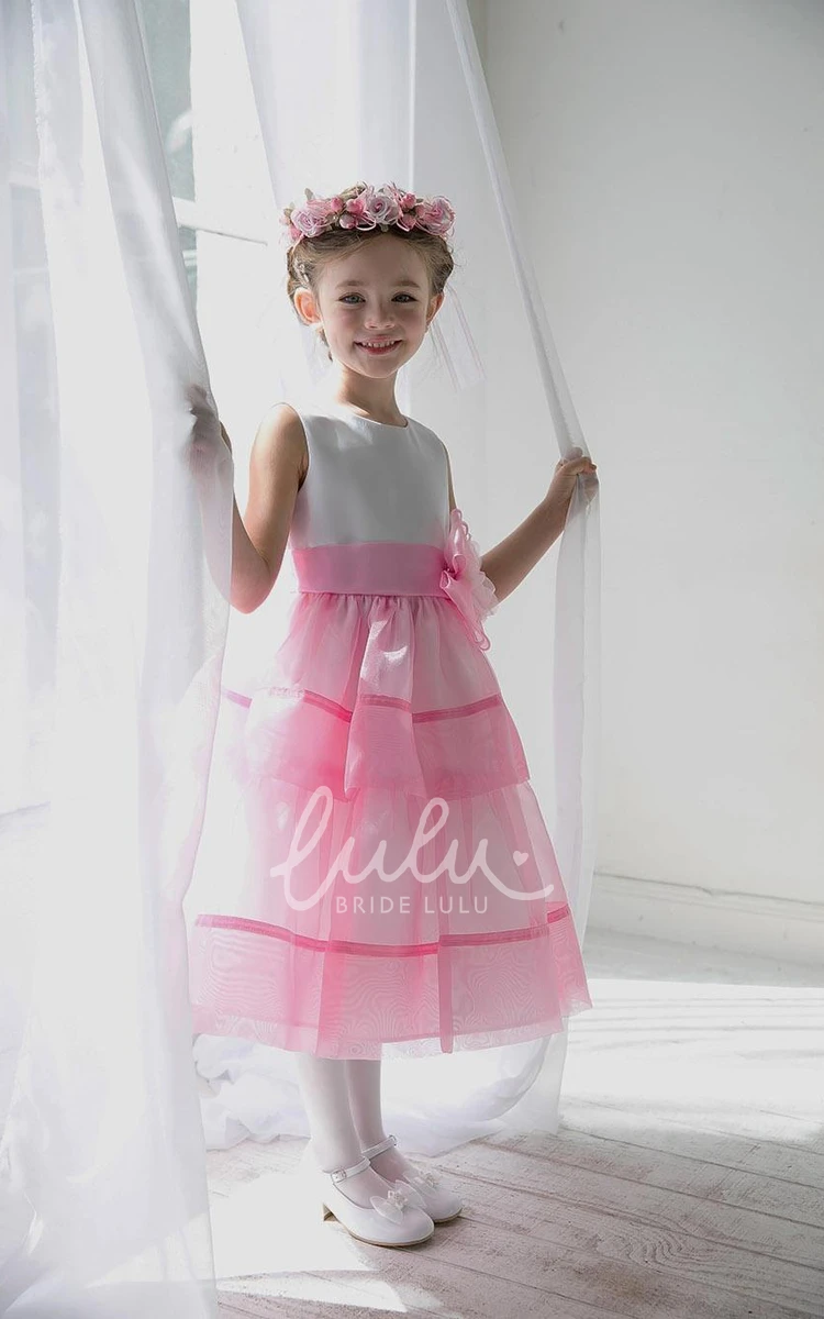 Tiered Floral Organza Tea-Length Flower Girl Dress with Beaded Sequins