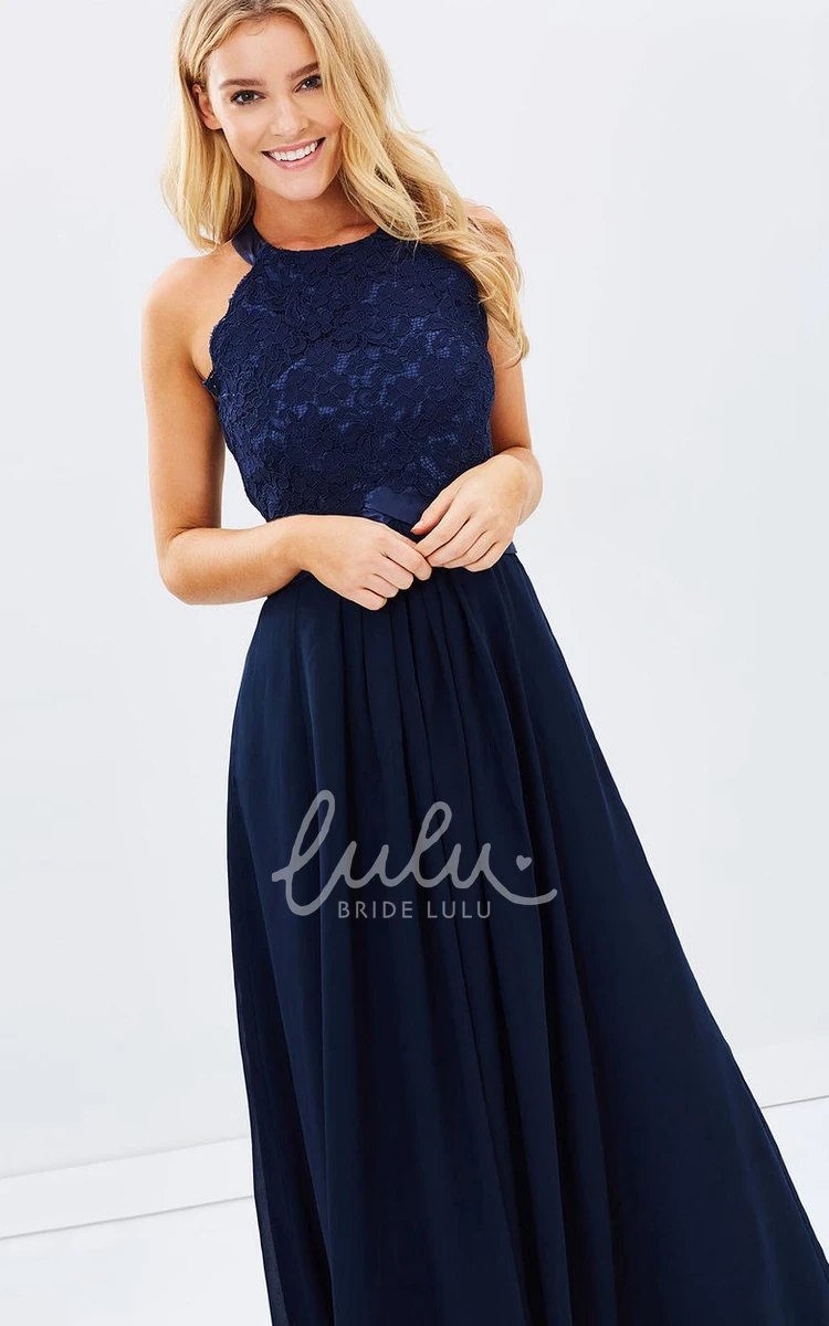 Appliqued Sleeveless A-Line Bridesmaid Dress with Ankle-Length and Zipper Back Flowy Bridesmaid Dress
