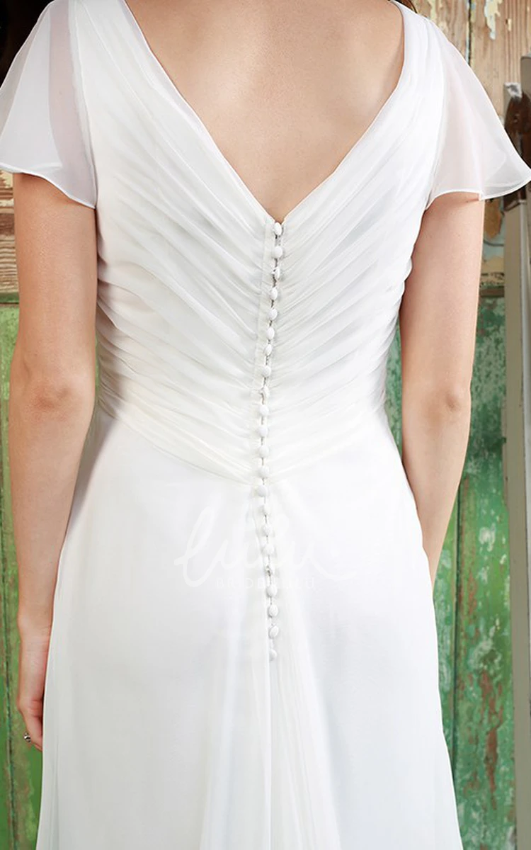 Criss Cross Chiffon Wedding Dress Sheath V-Neck Poet Sleeves