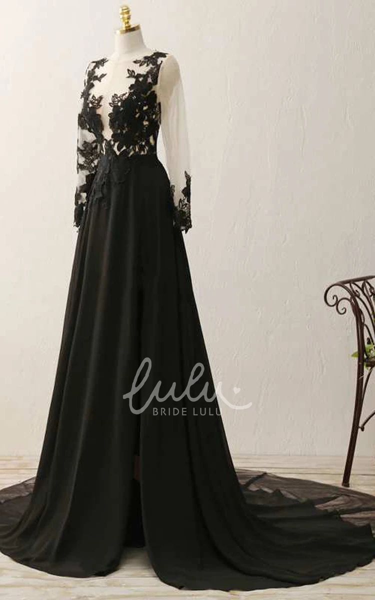 Long Sleeve Illusion Lace A-line Formal Dress with Chiffon Skirt