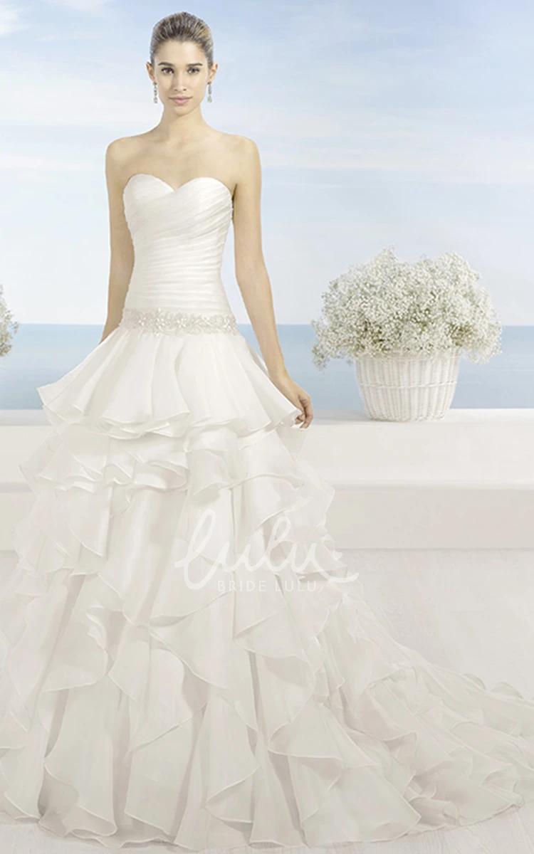 Sweetheart Ruffled A-Line Organza Wedding Dress with Criss Cross and Waist Jewelry Unique Bridal Gown