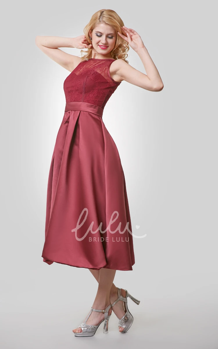 Satin Tea Length Bridesmaid Dress A-Line with Lace Bodice and Scoop Neck