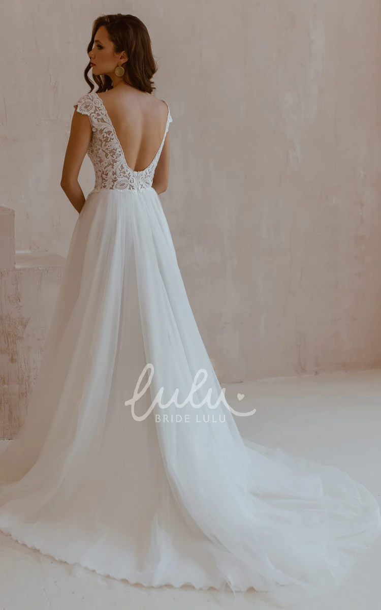 Sexy Lace Tulle A-Line Wedding Dress with V-Neck Split Front & Floor-length