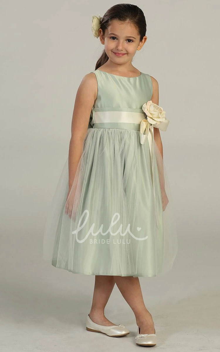 Tiered Tea-Length Tulle&Satin Flower Girl Dress Modern Wedding Dress