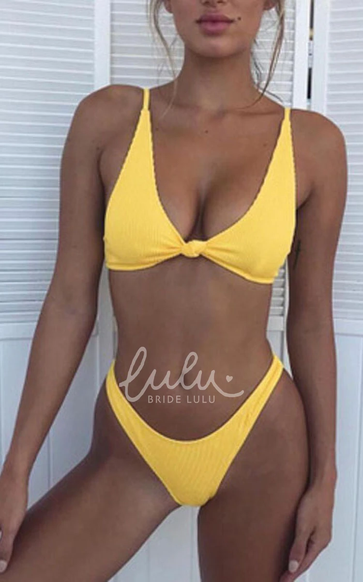 High-Cut Spaghetti Bikini Set with Plain Design for Women