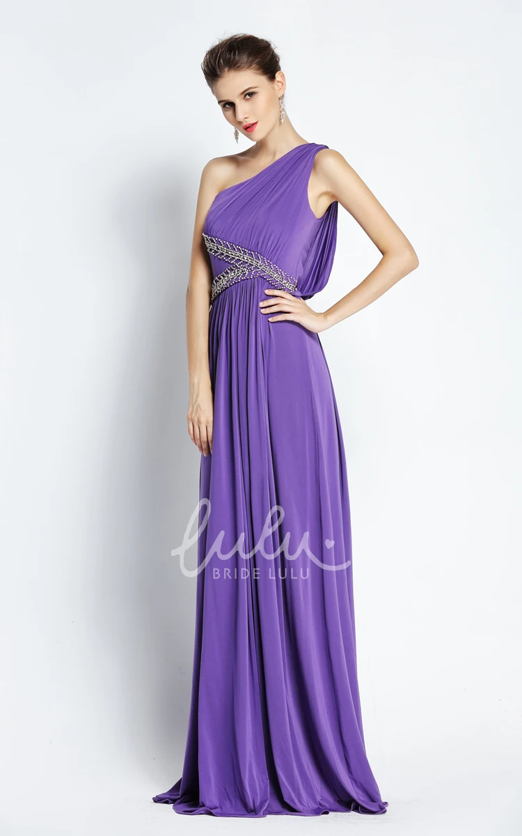 One-shoulder Chiffon Sleeveless A-Line Prom Dress Pleated and Beaded Floor-length Dress