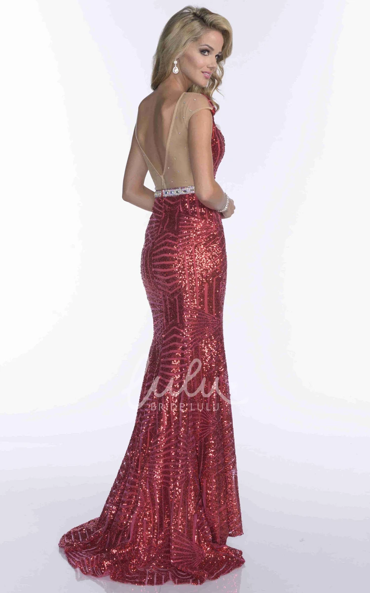 Sequined Cap Sleeve V-Neck Prom Dress with Side Slit Elegant Women's Formal Dress