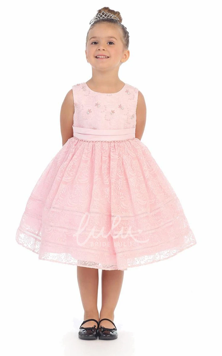 Lace Flower Girl Dress Tea-Length Tiered Pleated Style with Sash