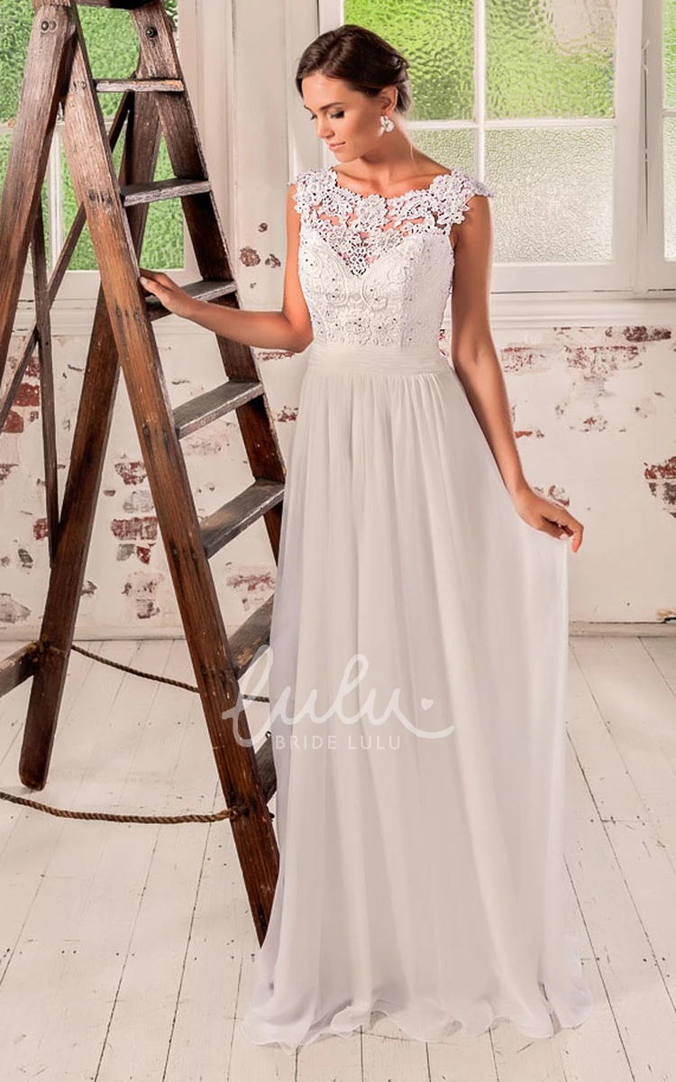 Chiffon&Lace Cap-Sleeve Wedding Dress Sheath Floor-Length Bridal Gown