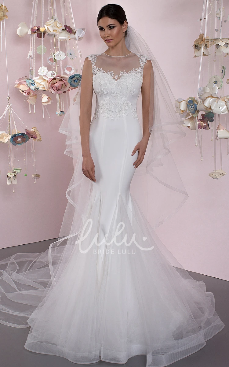 Jewel Trumpet Tulle Wedding Dress Sleeveless Appliqued Illusion Back Ruffles