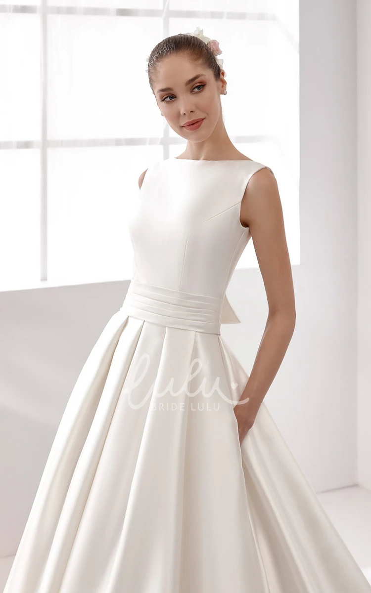 Satin A-line Wedding Dress Cap-Sleeve with Cinched Waistband and Open Back