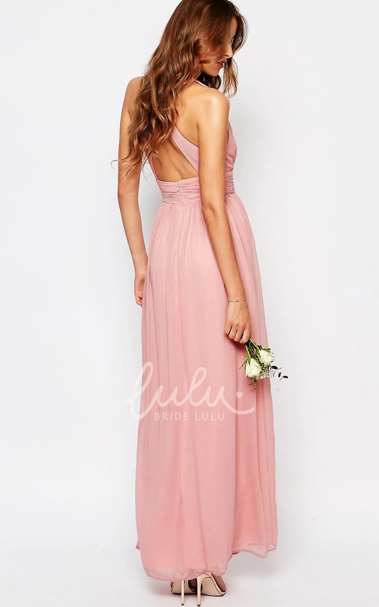V-Neck Chiffon Pleated Bridesmaid Dress with Straps Ankle-Length Sleeveless
