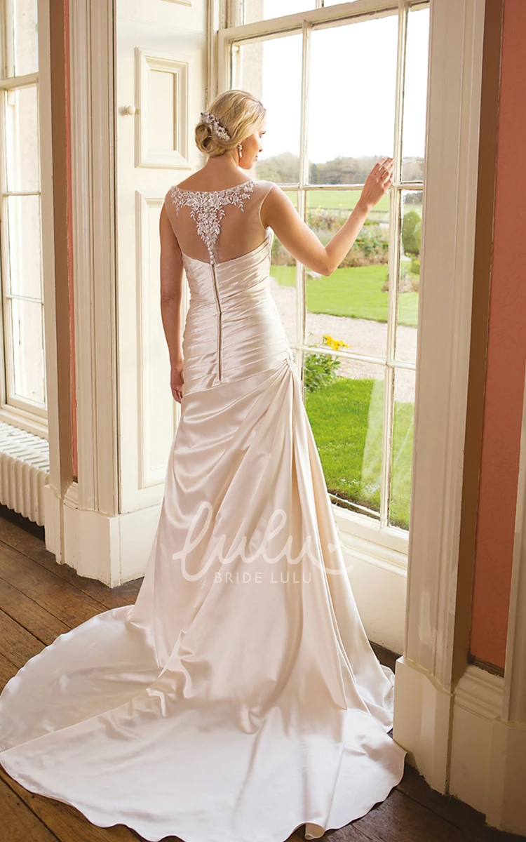 Scoop Neck Satin A-Line Wedding Dress with Draping and Appliques Modern Bridal Gown