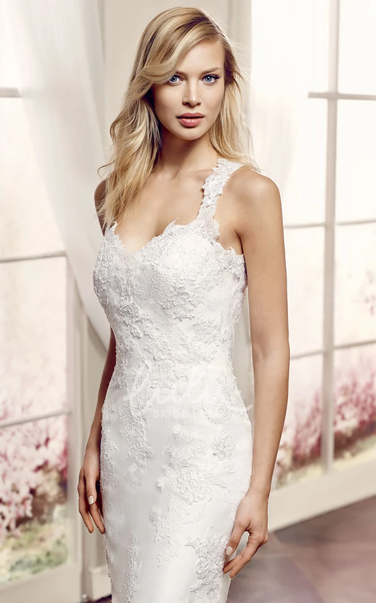 Appliqued Lace Wedding Dress with Illusion and Court Train Maxi Straps