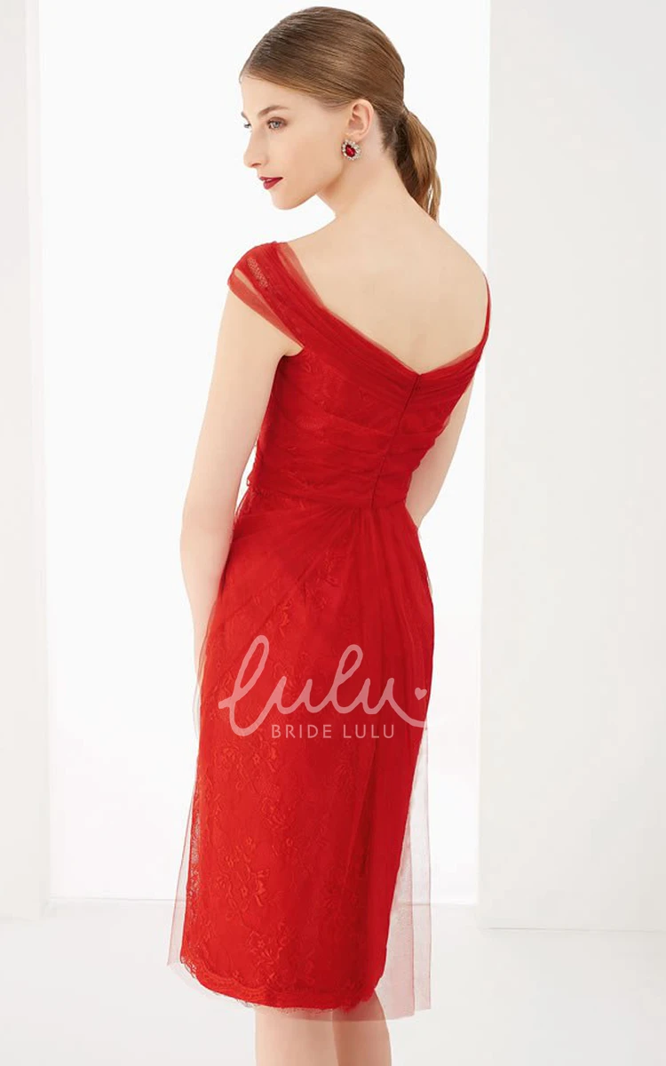 Tulle Wrapped Cap Sleeve Sheath Prom Dress with Lace Knee Length