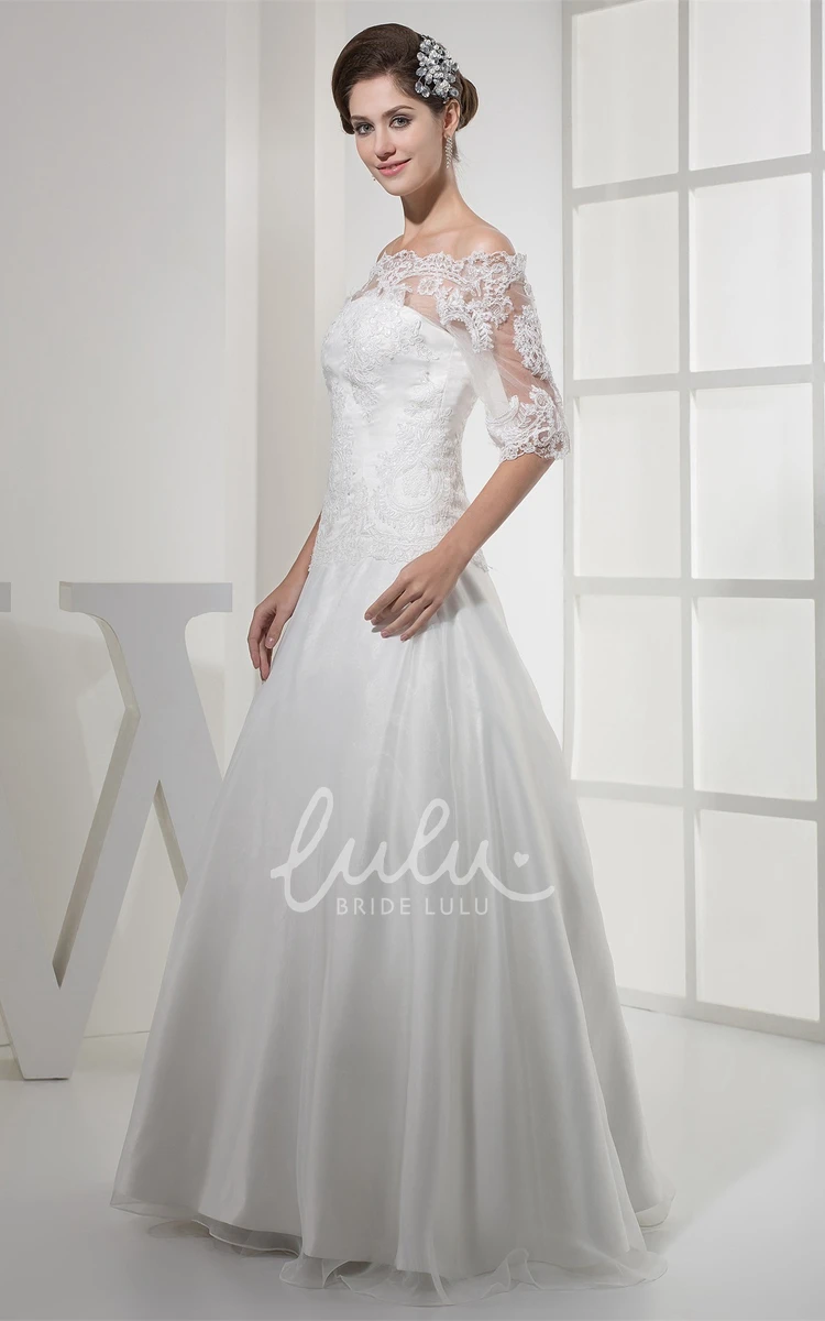 A-Line Lace Wedding Gown with Appliques Half Sleeves Off-The-Shoulder