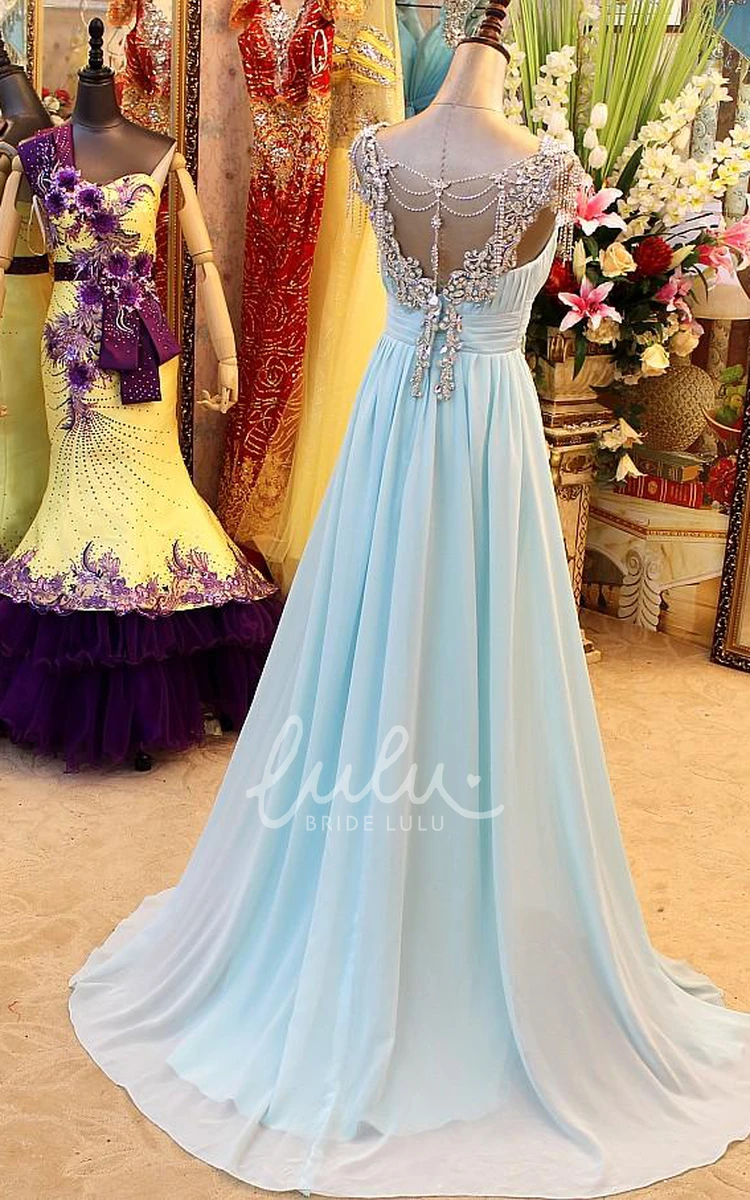 A-Line Backless Blue Prom Dress with Crystal Beading and Blingbling Details