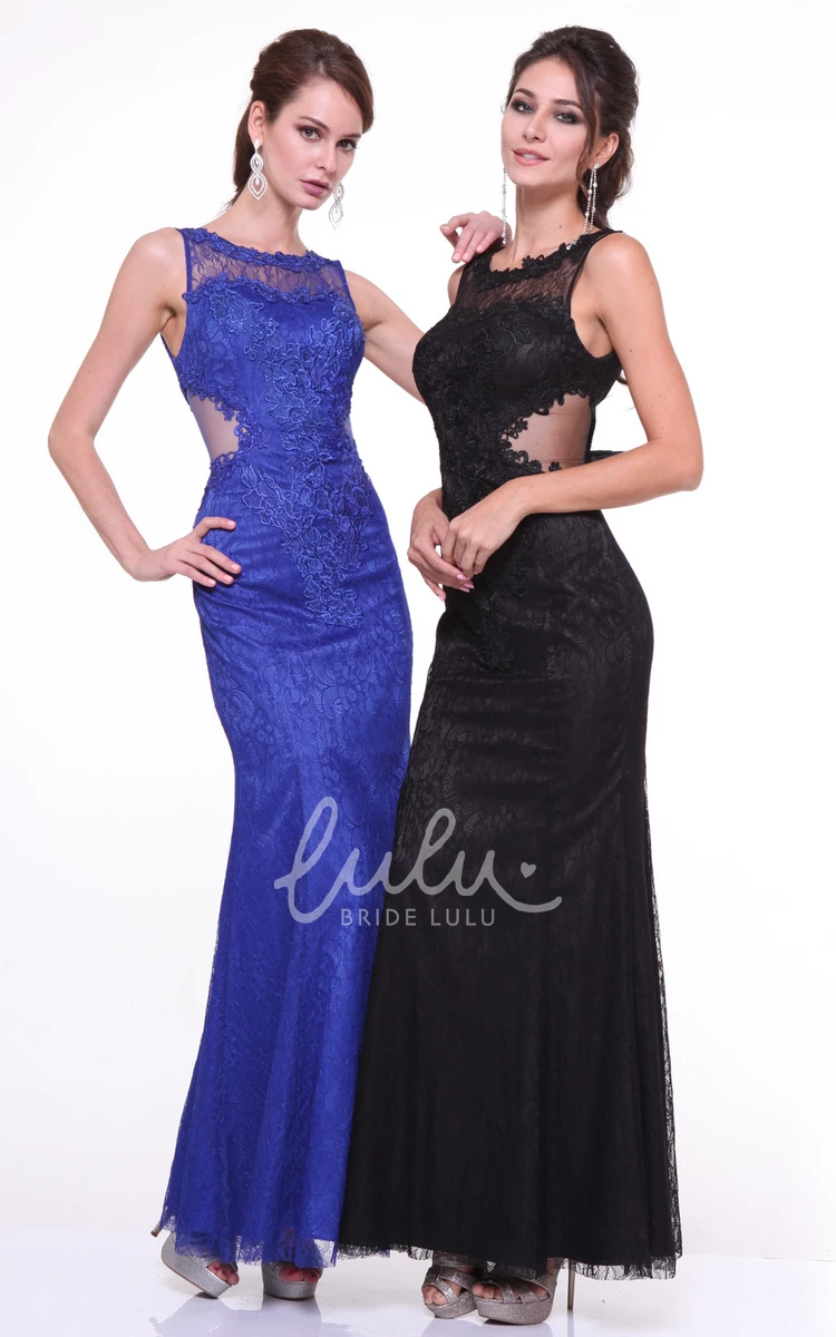 Jewel Neckline Lace Illusion Prom Dress with Appliques and Ankle-Length Sheath Silhouette