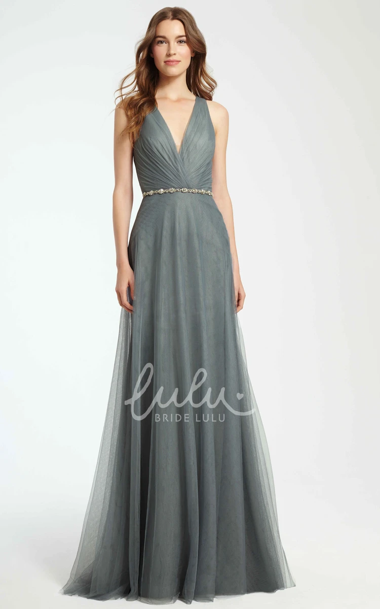 Ruched V-Neck Tulle Bridesmaid Dress A-Line Maxi with Waist Jewellery