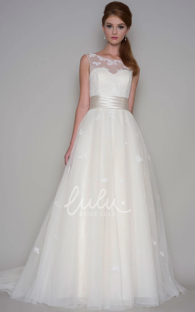 Appliqued Sleeveless A-Line Tulle Wedding Dress With Court Train Modern Bridal Gown