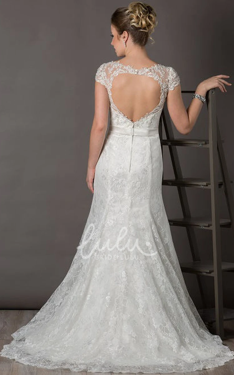 Bateau Lace Wedding Dress with Cap Sleeves Satin Sash and Keyhole Back