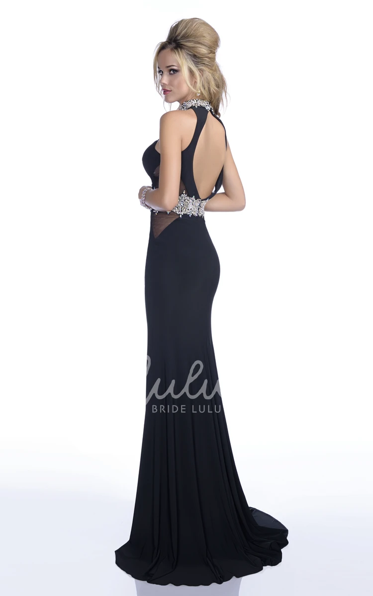 Mermaid Jersey Prom Dress with Sleeveless Crystal Halter and Keyhole Back