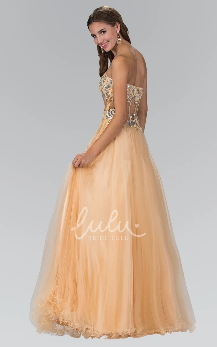 Strapless Tulle A-Line Backless Prom Dress with Beading and Ruffles