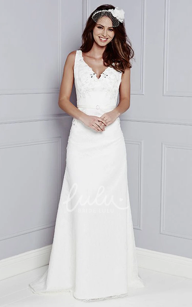 Sheath Wedding Dress with V-Neckline and Beaded Appliques