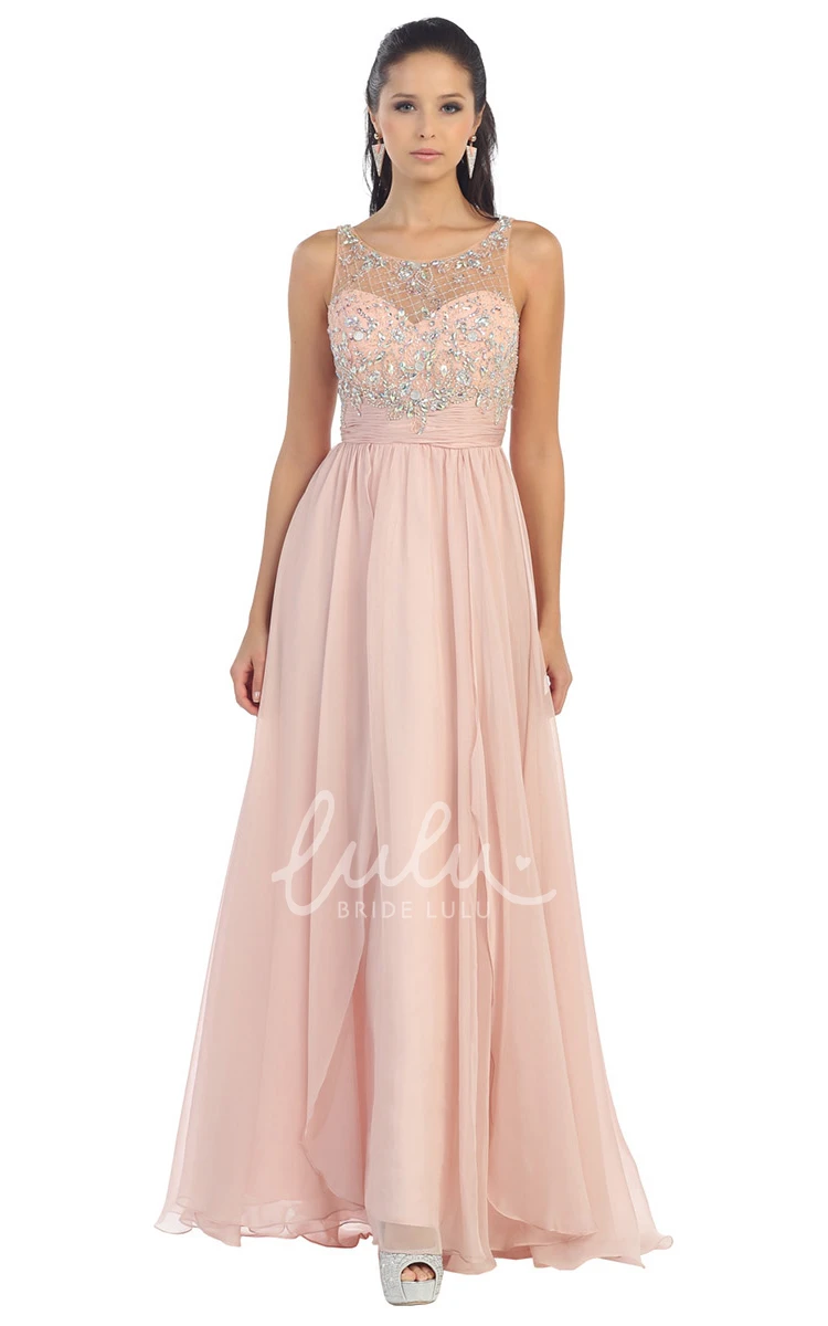 Long A-Line Chiffon Formal Dress with Draping and Beaded Scoop Neckline