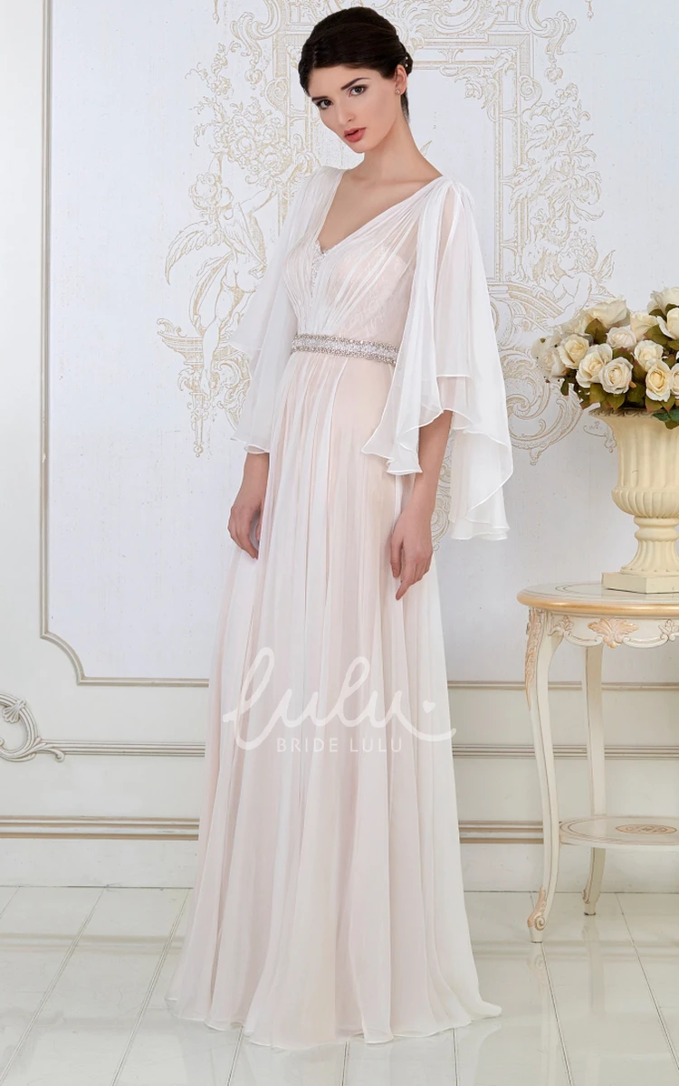 A-Line Beaded Tulle Evening Dress with Poet-Sleeve and V-Neck