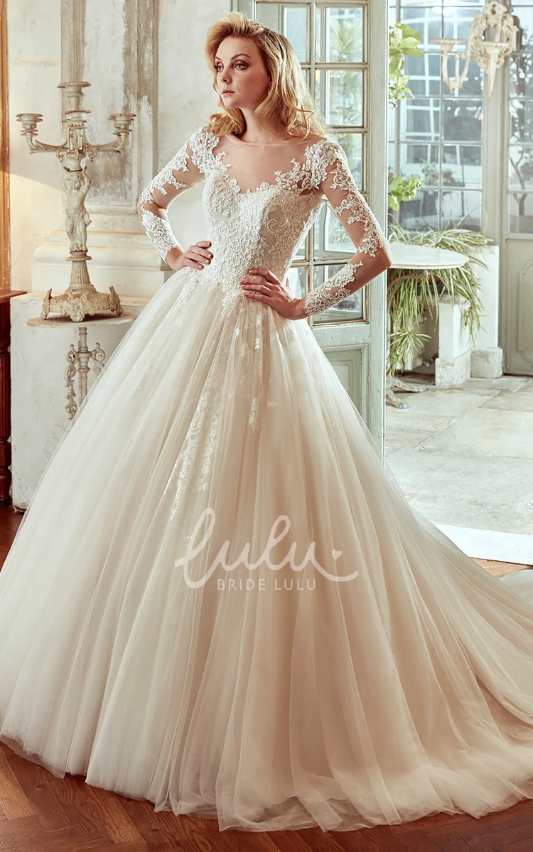 Long-Sleeve V-Neck Wedding Dress with Pleated Skirt and Open Back Modern Bridal Gown