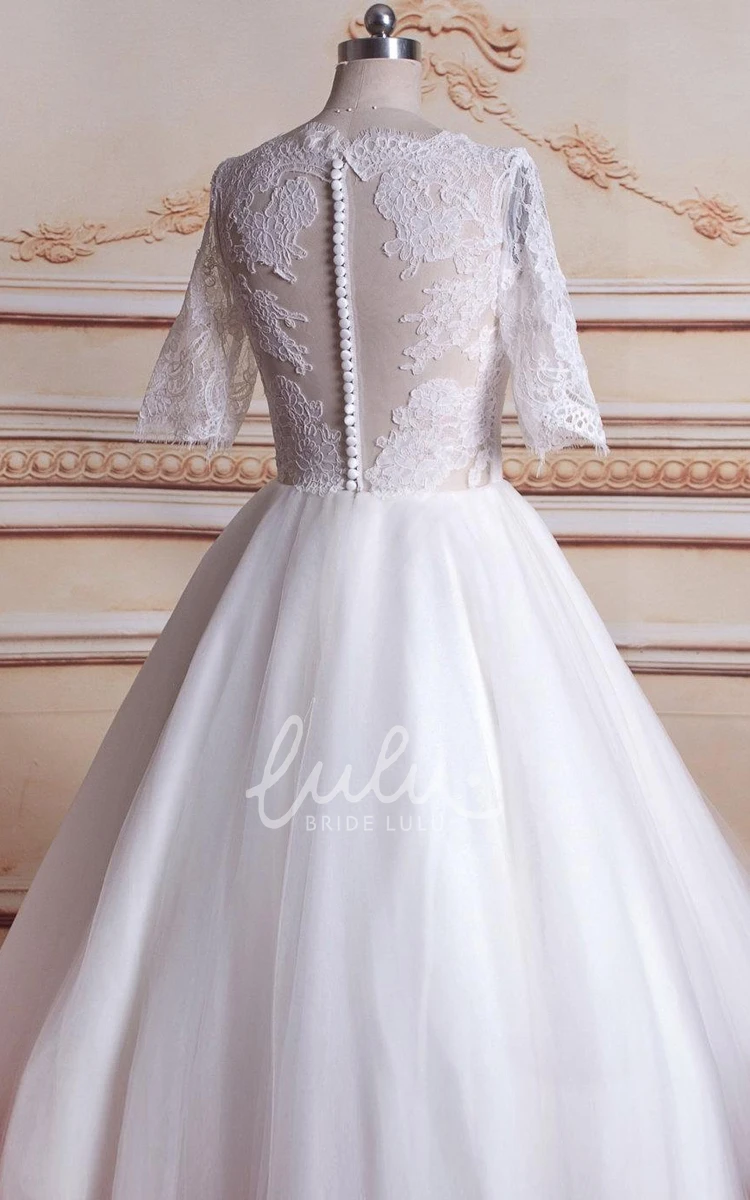 3/4 Sleeve Tea-Length Wedding Dress Tulle Lace Satin