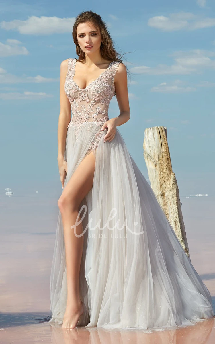 V-neck Tulle Formal Dress with A-line Silhouette and Low-V Back