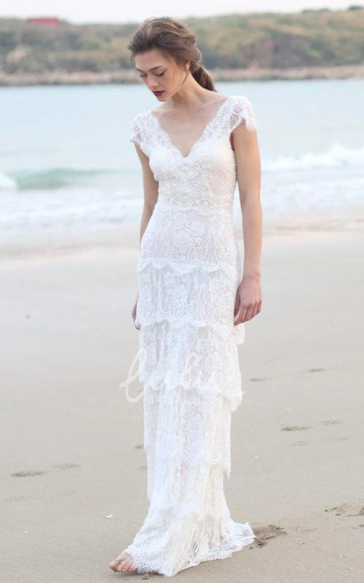 Boho Style Sheath Wedding Dress with Cap Sleeves and Tiered Skirt