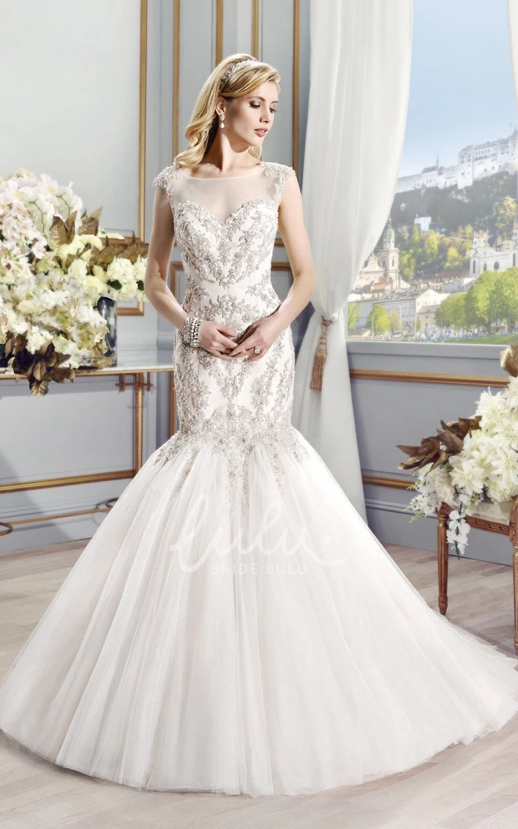 Sleeveless Mermaid Beaded Bateau Wedding Dress with Illusion Back and Pleats