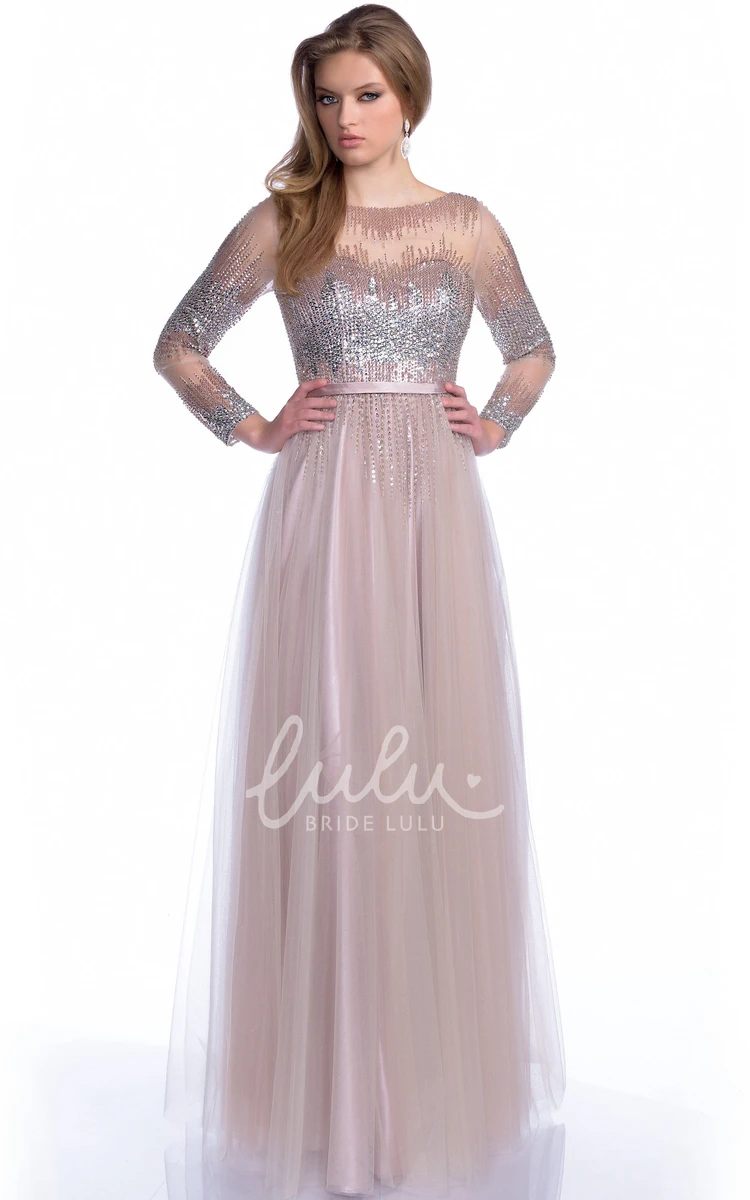 Bateau Neck A-Line Tulle Prom Dress with Sequined Bodice Long Sleeve