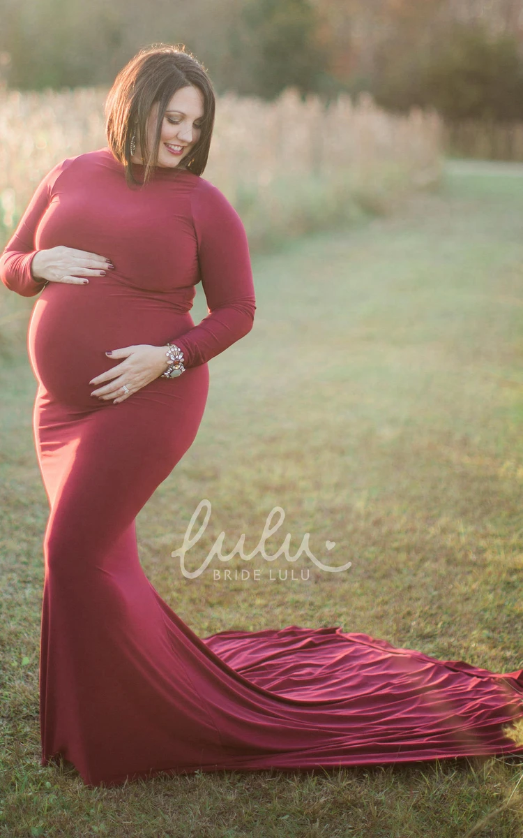 Sweep Train A-Line Maternity Dress with Long Sleeves and Empire Waist