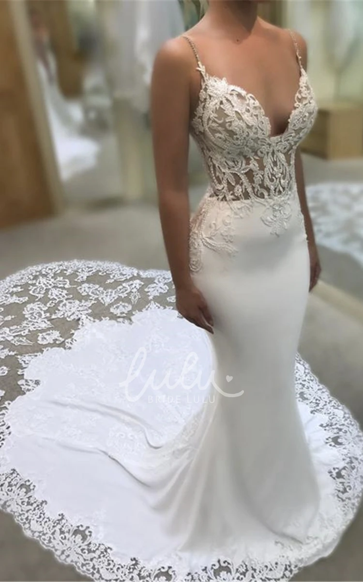 Lace Mermaid Wedding Dress with Cathedral Train Plunging Spaghetti Lace Mermaid Wedding Dress Cathedral Train