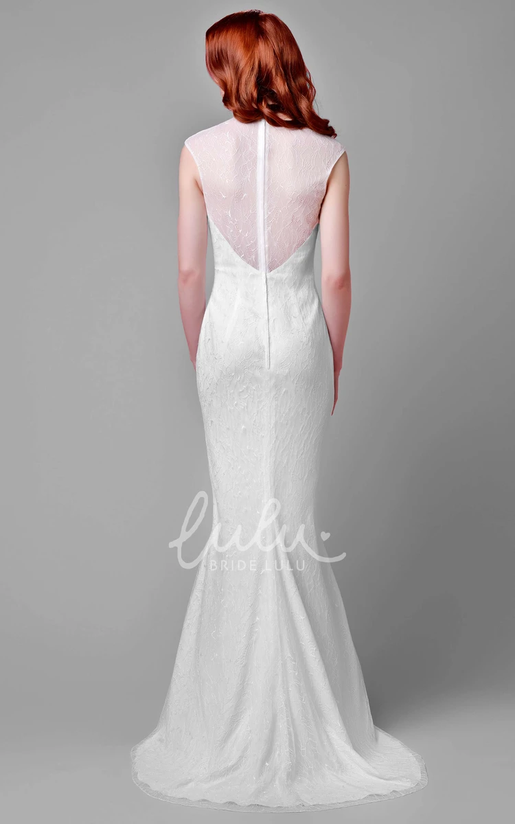 Cap Sleeve Lace Sheath Wedding Dress with Illusion Neckline Elegant Bridal Gown