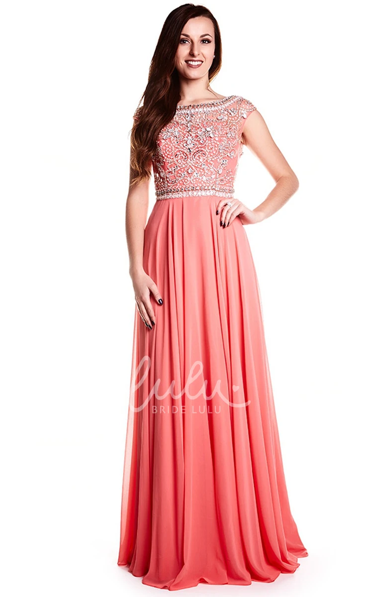 Crystal Cap Sleeve Chiffon Prom Dress with Keyhole Unique Prom Dress