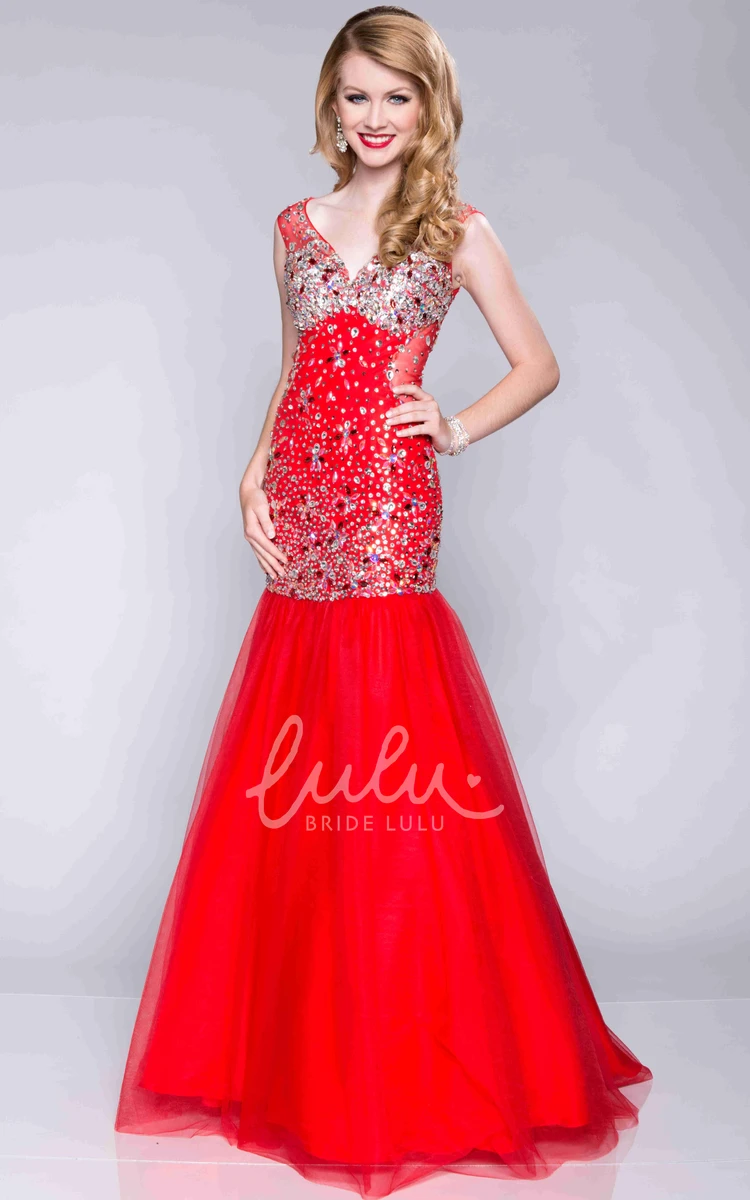 Tulle Fit and Flare Prom Dress with Sequined Bodice V-Neck Women