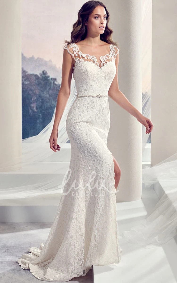 Jeweled Lace Wedding Dress with Split-Front and Floor-Length