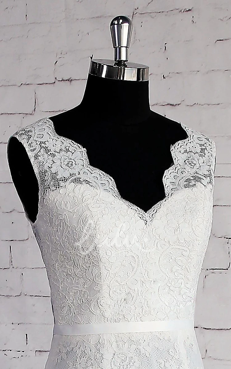 Sleeveless Lace Wedding Dress with Lace Trim Double Layered & V-Neck