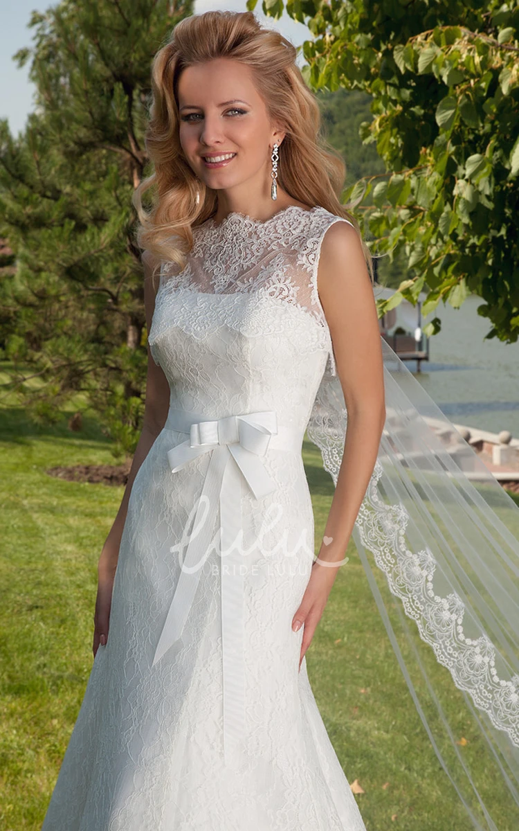 Sleeveless Lace A-Line Wedding Dress with Illusion Back and Court Train Classic Bridal Gown