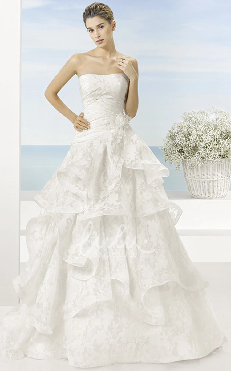 Draped Strapless Wedding Dress with Tiers and Flower A-Line