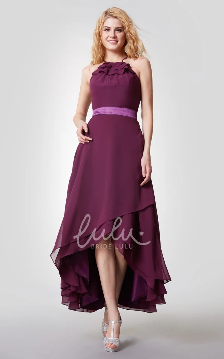 High Low Bridesmaid Dress with Sexy Back Halter & Chiffon