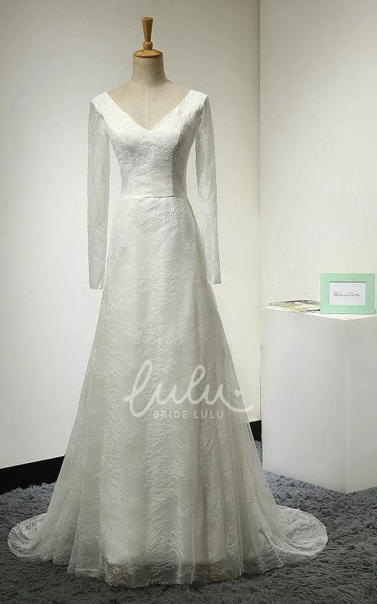 Long Sleeve Lace Tulle Wedding Dress A-Line Court Train