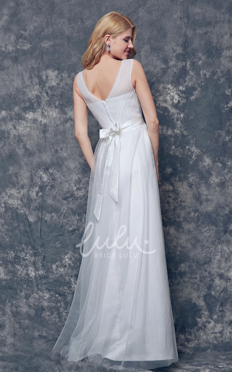 Long Tulle Bridesmaid Dress with Sash V-neck V-back Elegant